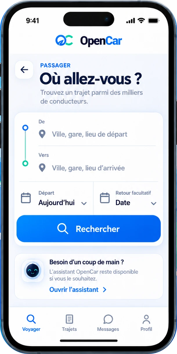 Aperçu de la recherche de trajet dans l’application OpenCar
